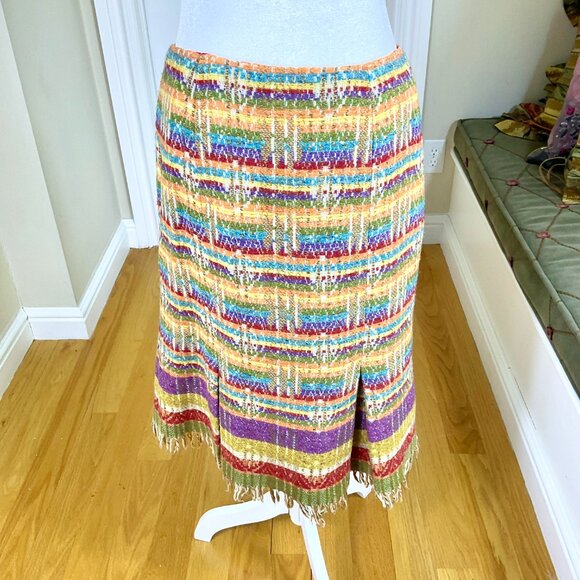 Max Mara Weekend Skirt Wool Blend Colorful Stripes Yellow Multi Pleats Fringe (8 - Picture 4 of 8